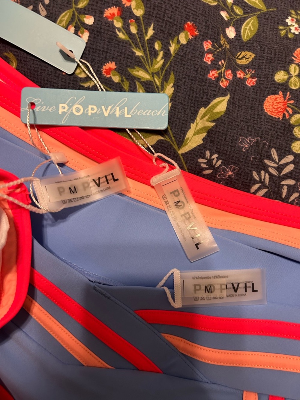 Blue High-Waist Two-Piece Swim Set with Coral Trim - Picture 4 of 8